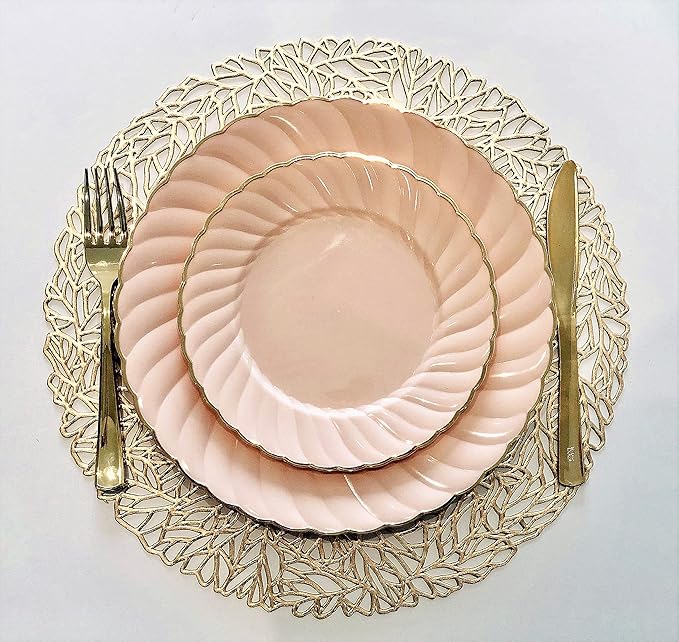 " OCCASIONS " 320pcs set (40 Guests)-Vintage Wedding Party Disposable Plastic Plates -40 x 10.25'' + 40 x 7.5'' +Silverware +Gold rim Cups +Napkins (Blossom Blush & Gold)