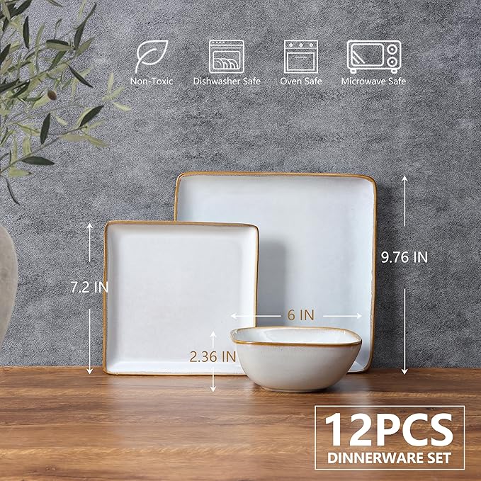 E-far Square Plates and Bowls Sets, 12-Piece Stoneware Dinnerware Sets for 4, Reactive Glaze Dish Set, Chip and Scratch Resistant, Microwave and Dishwasher Safe, Seashell White