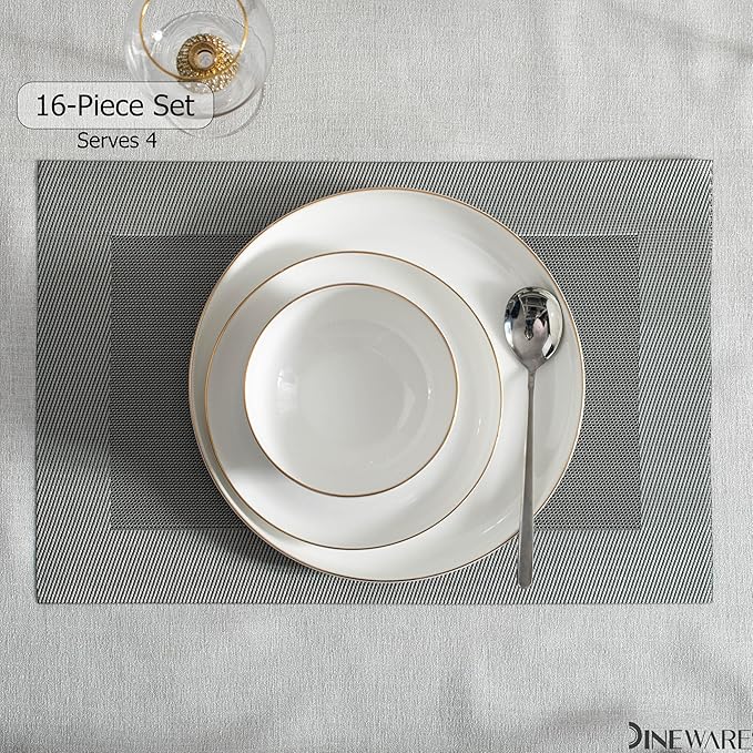 Perlaceo Luxurious Collection of 12-Piece White with Gold Rim Bone China Dinnerware Set - Lightweight and Durable - Service for 4, Including Dinner Plates, Salad Plates, and Cereal or Soup Bowls