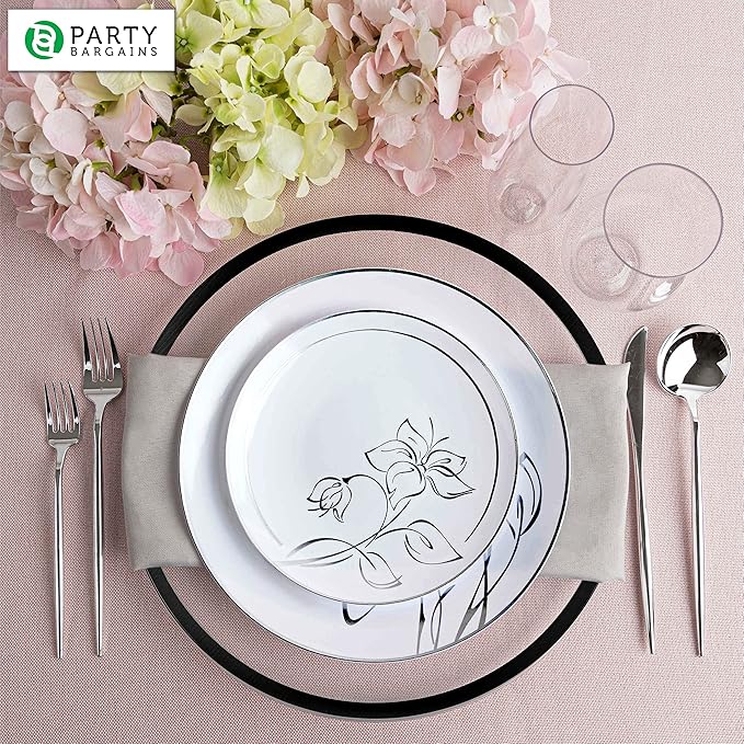 PARTY BARGAINS 13-Inch Charger Plates - 8 Pack, Clear Black Rim, Heavy-Duty Disposable Chargers for Elegant Dining - Ideal for Weddings and Formal Events