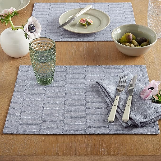 Martha Stewart Honeycomb Modern Farmhouse Reversible Placemat 4-Pack Set, Blue, 13"x17.5"