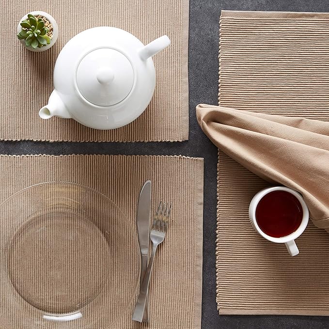 DII Basic Everyday Ribbed Tabletop 100% Cotton, Placemat Set, 13x19, Stone, 6 Piece